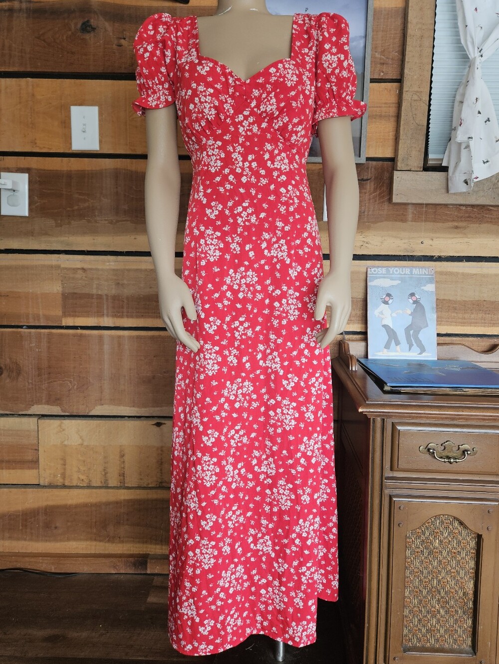 Inspired Hearts Red Ditzy Floral Maxi Dress with Puff Sleeves Open Back L Cherry